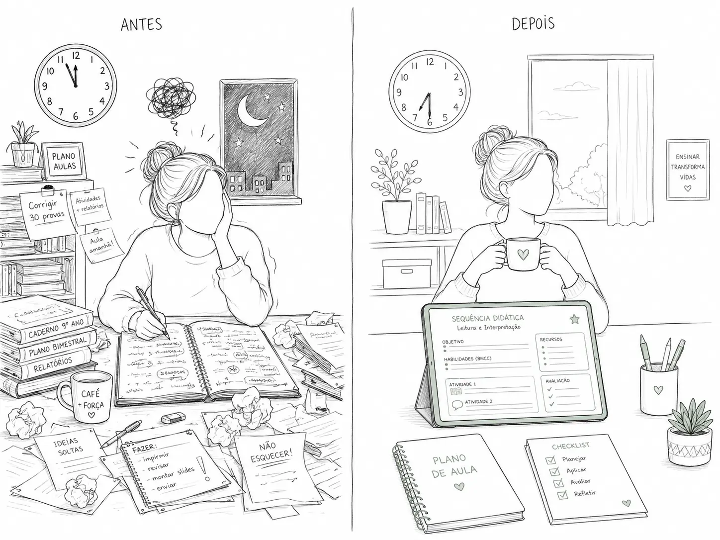 Antes e depois: domingo procurando atividade vs. domingo com o material pronto